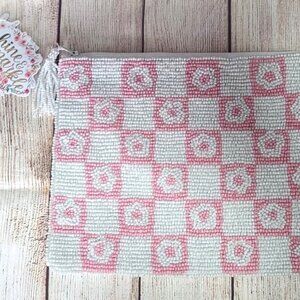 Shine & Sparkle Flower Beaded Bag - Ecru/Pink - Canvas & Lined - NWT